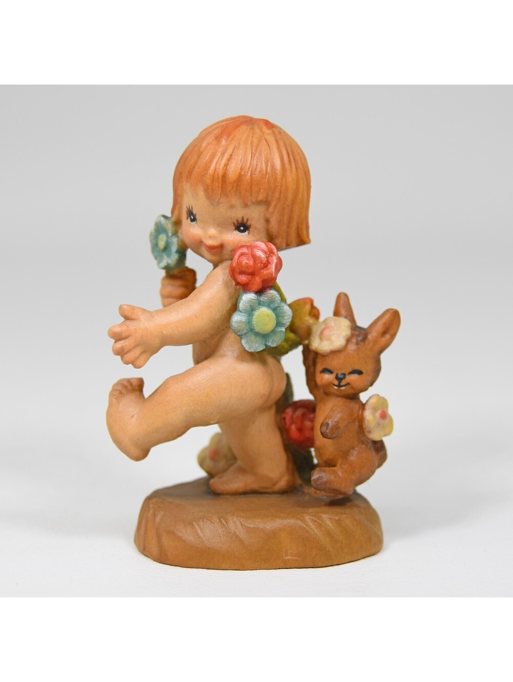 Anri Juan Ferrandiz Nature Girl Bunny Rabbit Flowers 2.75" Carved Wood Sculpture